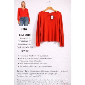 LNA Cori Ribbed Cutout Sweater Top Red Long Sleeve 1X NWT